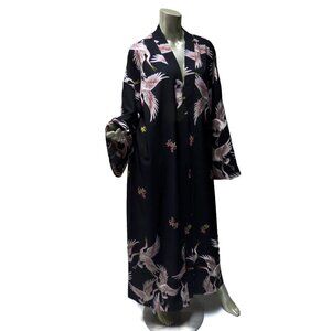 Plus Size Flying Cranes Maxi Kimono Black and Pink Floor Length - 3XL